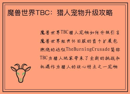 魔兽世界TBC：猎人宠物升级攻略